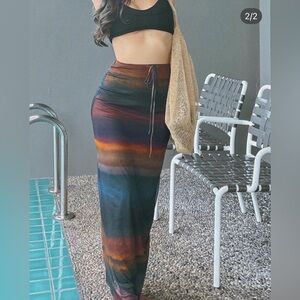 ZARA Sunset Colorful Watercolor Mesh Lined Midi Maxi Stretch Bodycon Skirt Sz L